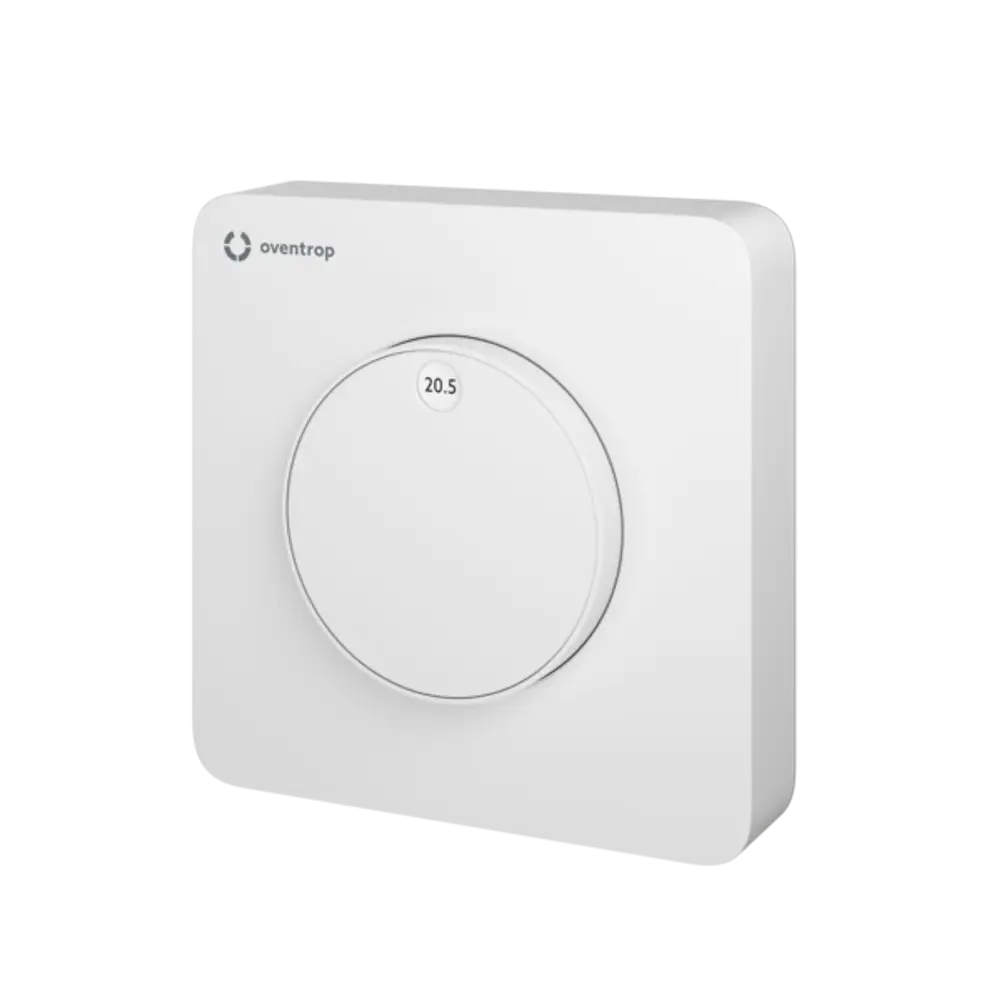 Raumthermostat von Oventrop in weißer Farbe mit einem runden Einstellrad und digitaler Temperaturanzeige. Geeignet für Heiz- oder Kühlanwendungen.